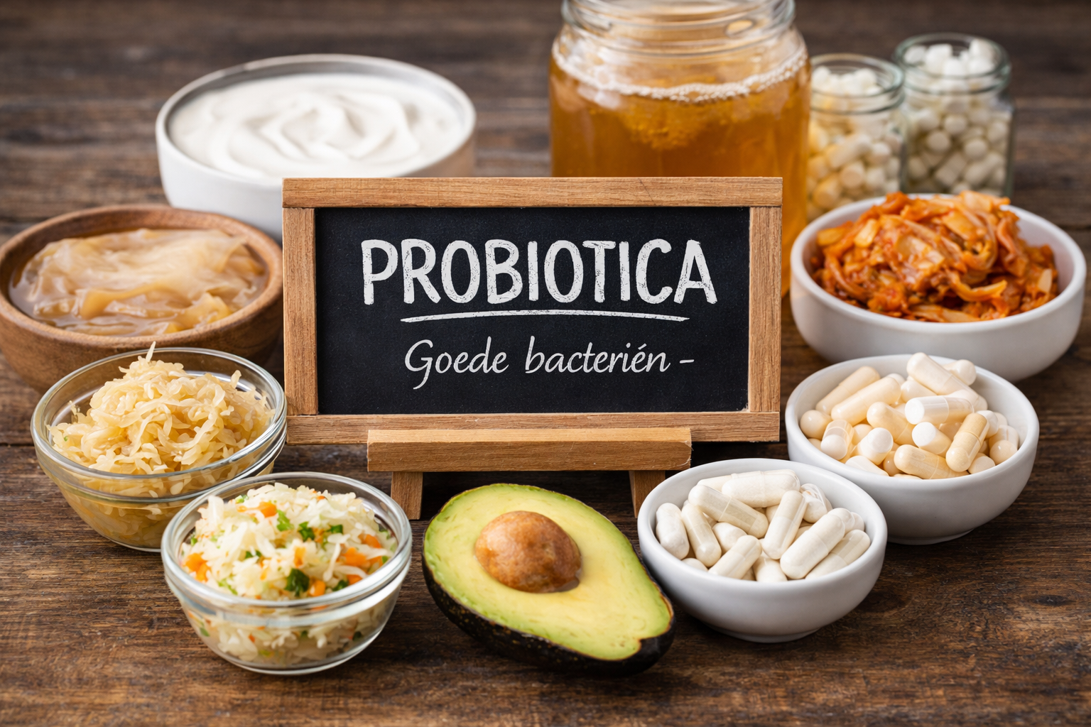 Voeding met prebiotica en probiotica zoals yoghurt, banaan en havermout